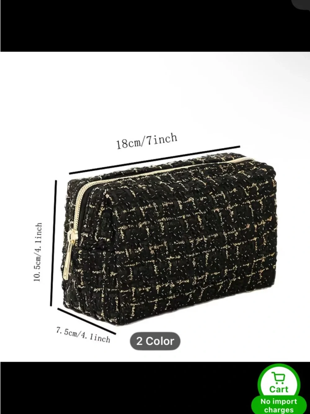 Black Tweed Cosmetic Bag Makeup Case - Picture 2 of 2